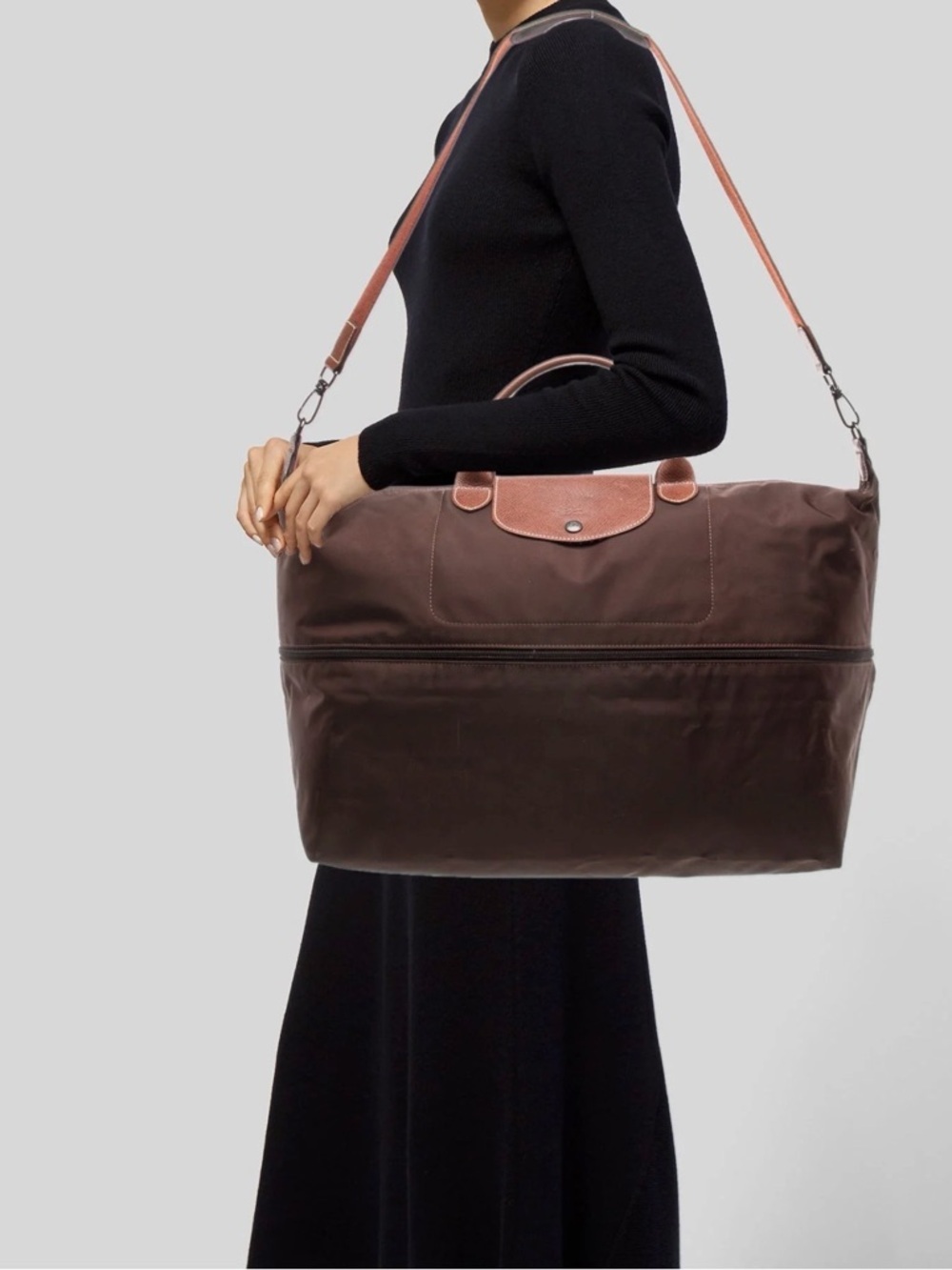 Longchamp Brown Canvas Duffel with Tan Leather Trim